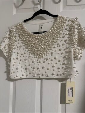 White Pearl-Embellished Crop Top